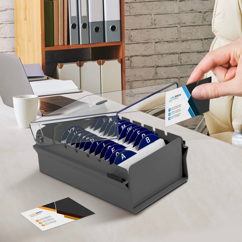 Acrimet Index Business Card Size File Holder Organizer Box Metal Base Heavy Duty (AZ Index Cards and Divider Included) (Gray Color with Clear Crystal Plastic Lid Cover) - Image 4